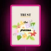Neon sign with pink and blue letters spelling out 'Trust The Process'