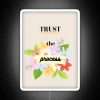 Neon sign with glowing, multicolored letters spelling out 'Trust The Process'