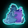Tsunami warning sign with a neon blue background, amidst a blurred cityscape with a person enjoying a blueberry smoothie i...