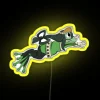 A colorful Japanese tsuyu neon sign with a frog's face instead of a human, in bright yellow and RGB colors.