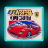 Neon blue LED sign with a turbo-powered racing theme