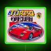 Neon green sign with bold, futuristic font reading 'Turbo Outrun'