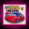 Neon-lit "Turbo Outrun" sign with pink glow in a futuristic setting.