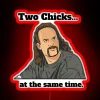Two neon signs, one reading "Ladies" and another reading "Gentlemen", but with two chickens standing under the sign indica...