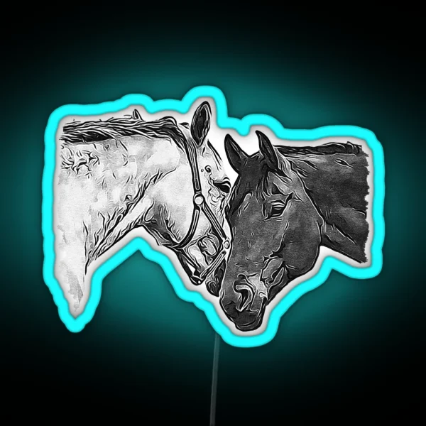 Two Horses Black And White VRS2 RGB Neon Sign