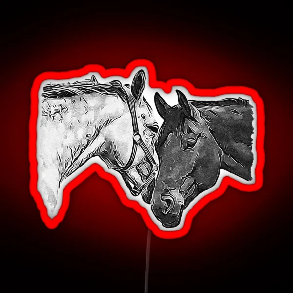 Two Horses Black And White VRS2 RGB Neon Sign