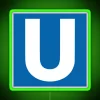 Berlin U-Bahn neon sign with green glow in city streets at night