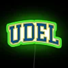 University of Delaware college campus signage with neon green lettering.