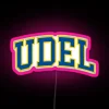 University of Delaware neon sign with curved font in pastel pink color.