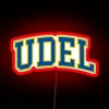 Neon sign with curved font reading 'Udel College'