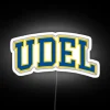 University of Delaware logo with curved, neon font on white background.
