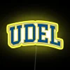 University of Delaware college font in curved neon sign with yellow glow