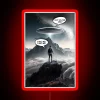 Neon sign with UFO encounter logo in bold red letters on a dark background.
