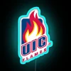 Blue neon sign with University of Illinois at Chicago logo in RGB color scheme.