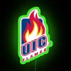 Green neon sign reading UIC in bold letters on a dark background.