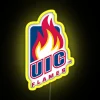 Neon sign with yellow letters spelling out UIC in bold RGB color scheme.