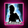 Glowing neon sign with Ultra Instinct symbol in pink and RGB colors, inspired by Dragon Ball Z's Shaggy character.