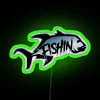 Neon sign advertising deep-sea fishing tours in Hawaii, featuring an ulua fish illustration.