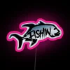 Neon sign displaying colorful fish with bold typography in bright colors