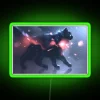 Neon green sign with colorful, abstract design