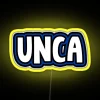 Neon sign at UNC Asheville's campus entrance, featuring colorful RGB lights on a yellow background
