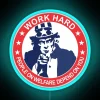 Neon sign with Uncle Sam working hard, highlighting dependency on welfare funds.