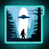 Mysterious encounter between Bigfoot and an alien UFO under a neon-lit sky