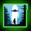 A Bigfoot standing under a colorful neon sign in a dark forest, surrounded by an otherworldly UFO.
