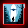 Mysterious forest scene with neon lights and a UFO, referencing an alien Bigfoot encounter