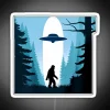 Bigfoot in a UFO encounter under neon lights.