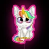 Neon pink unicorn chibi illustration with sparkly rainbow colors.