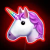 A neon sign with a unicorn emoji, displayed in red LED lights.