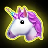 RGB neon unicorn sign with yellow glow.