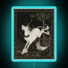 Neon sign of a unicorn breaking free from captivity in a blue glow.