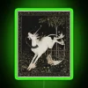 Neon sign reading 'Unicorn Out of Captivity' in green letters.