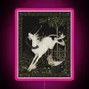 Neon sign of a pink unicorn breaking free from captivity