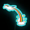 Vibrant neon sign featuring a cartoon unicorn surrounded by colorful rainbows, exuding a whimsical atmosphere.