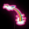 Neon unicorn sign with rainbow colors and pink background, featuring a stylized fart design.