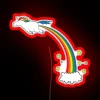 Colorful neon sign featuring a unicorn with rainbow fur and a bold, red background.
