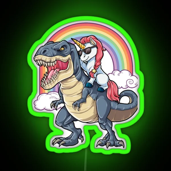 Unicorn Riding Dinosaur T Rex Funny Unicorns Party Rainbow Squad Gifts For Kids Boys Girls RGB Neon Sign