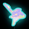Blue neon sign with colorful lights in a city street setting.