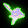 Neon green sign with bright RGB lights on a dark background.