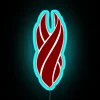 Neon sign with red unit logo illuminated in RGB colors.