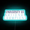 Neon sign reading University of National Champions in bold, RGB colors