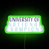 University logo in neon colors featuring the term "National Champions" with a green background.