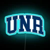 Neon sign with curved font reading 'UNR College' in blue color.