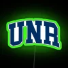 Neon sign reading 'UNR College Font Curved RGB 72725 Green' in a futuristic style.