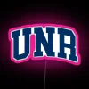 Neon college sign with curved font in pink, reading 'UNR College'.