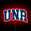 Neon college sign with curved font in red, University of Nevada, Reno logo.