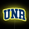 Neon sign with curved font reading "UNR College" in bright yellow color against a dark background.